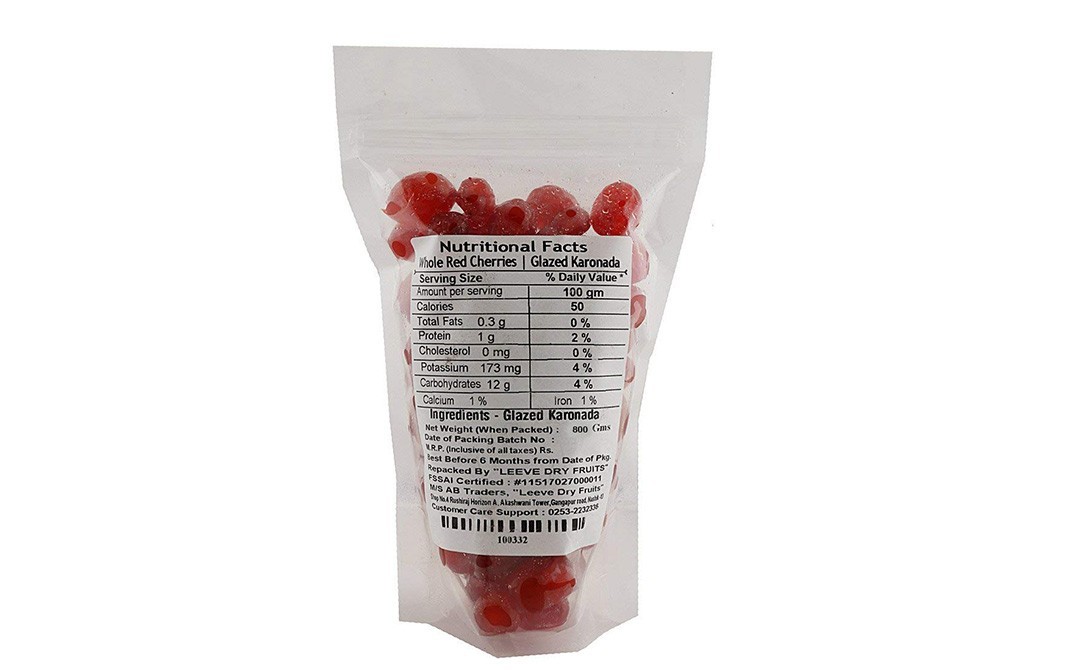 Leeve Dry fruits Whole Red Cherries, Glazed Karonada   Pack  800 grams